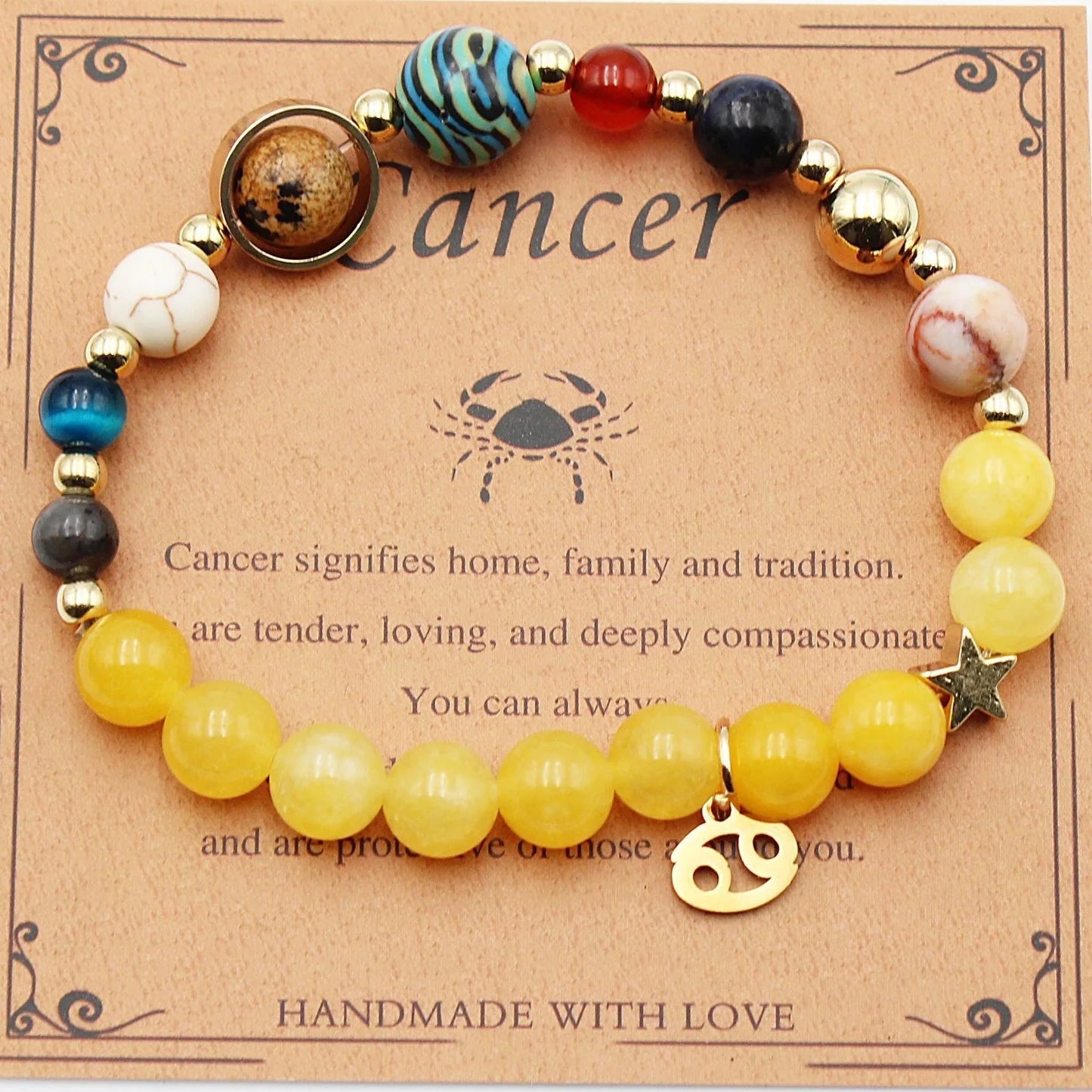 Morgan Stone beaded bracelet with twelve constellation designs, showcasing personalised zodiac signs.