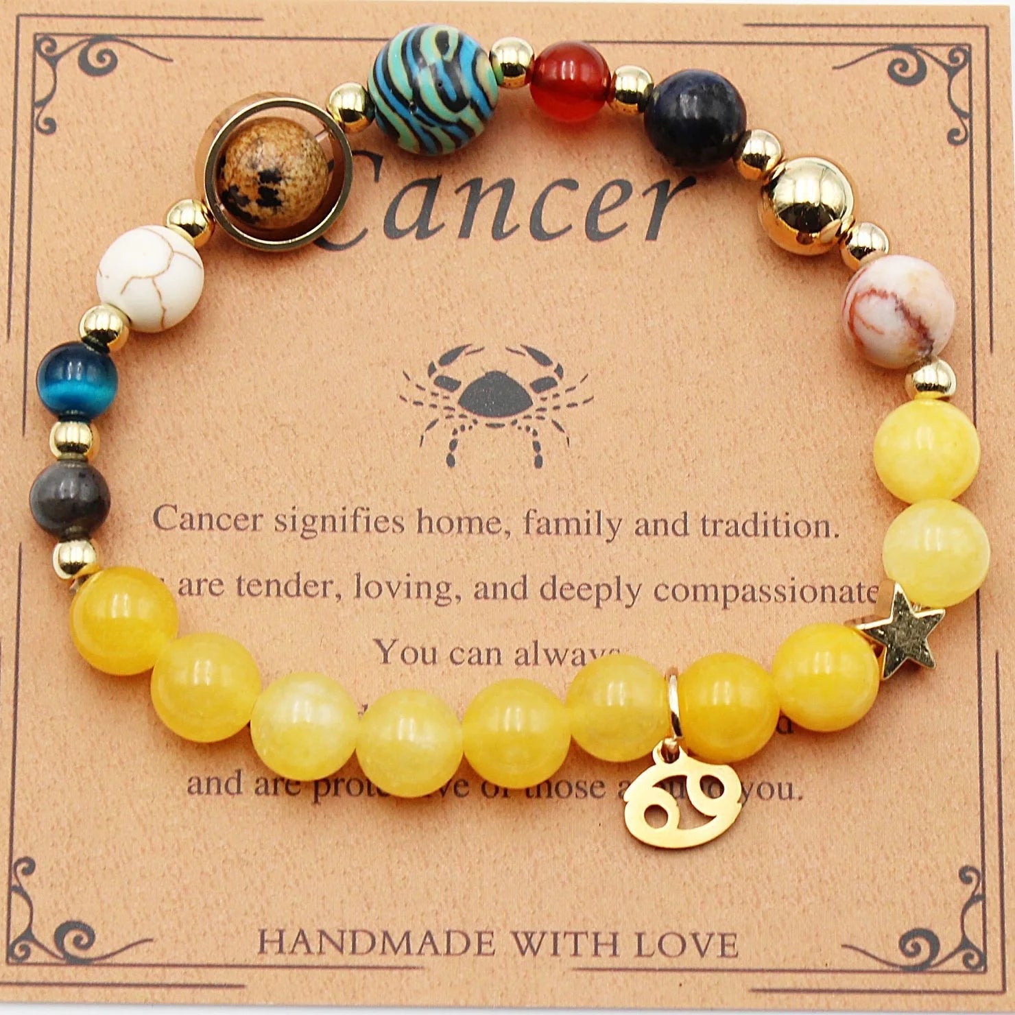 Morgan Stone beaded bracelet with twelve constellation designs, showcasing personalised zodiac signs.