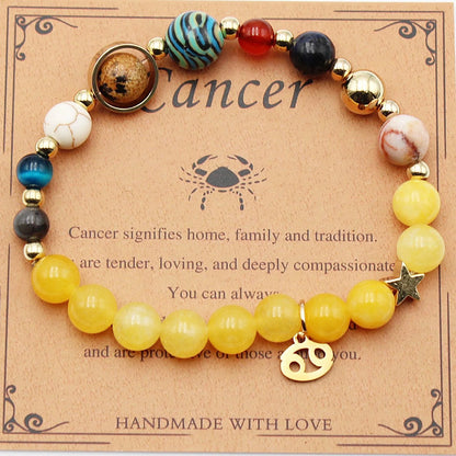 Morgan Stone beaded bracelet with twelve constellation designs, showcasing personalised zodiac signs.