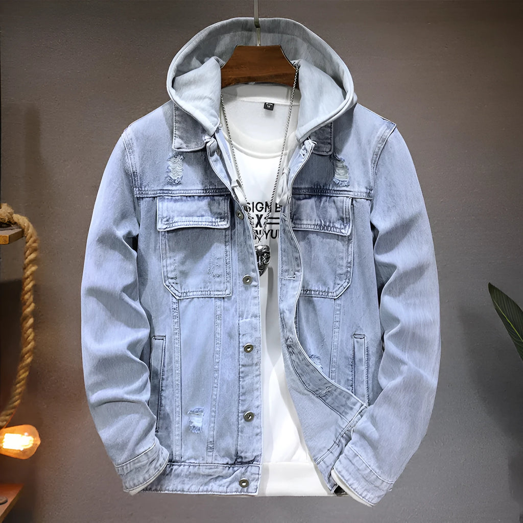 Men's light blue detachable hooded denim jacket with side seam pockets, regular fit, long sleeves