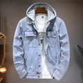 Men's light blue detachable hooded denim jacket with side seam pockets, regular fit, long sleeves