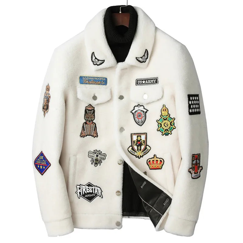 Men's 100% wool lamb fur jacket in white and black animal pattern, button front, long sleeves, on a model