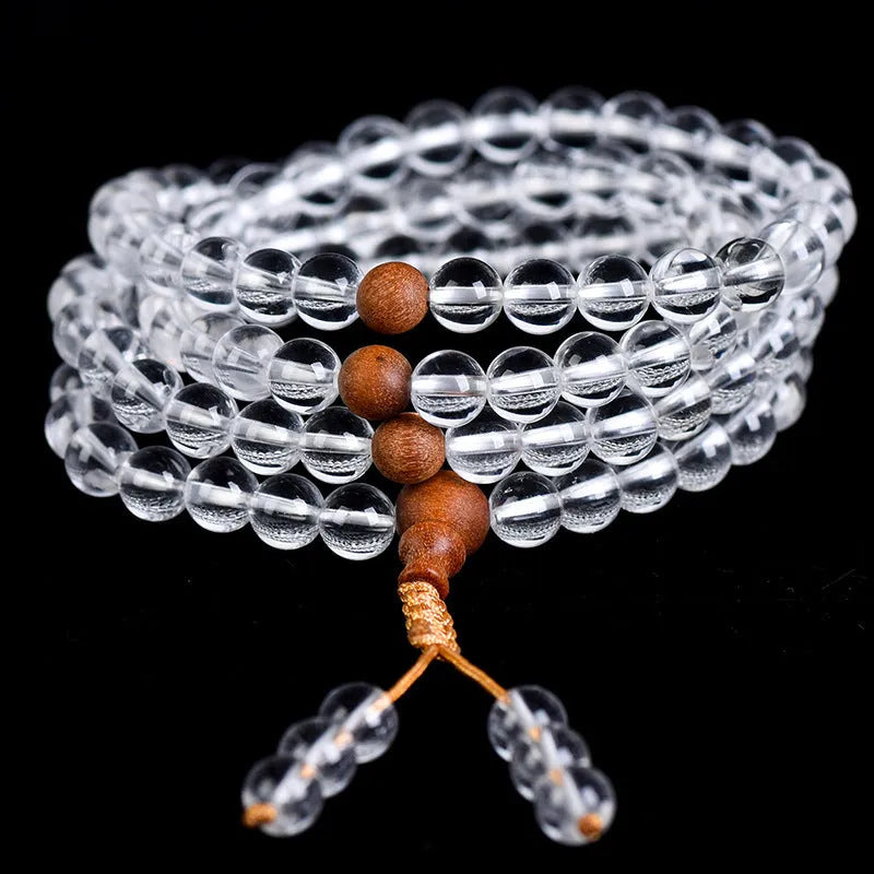 Natural white crystal 108 beads bracelet polished unisex retro geometric shape on display