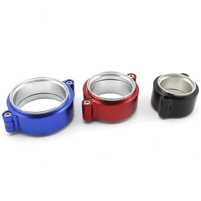 Aluminium fixed movement clamp for car turbo exhaust systems in black, blue, or red.