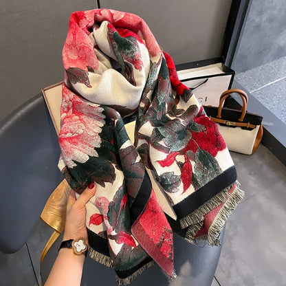 Retro floral artificial cashmere scarf in beige red, dimensions 60x180cm