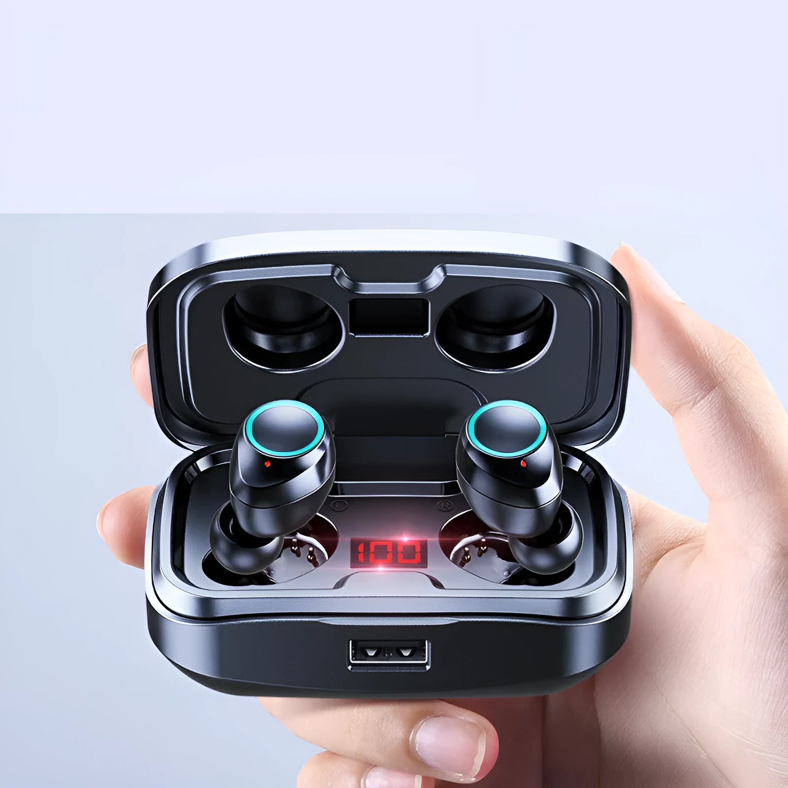 Black wireless in-ear Bluetooth earphones with earbud tips on a white surface.