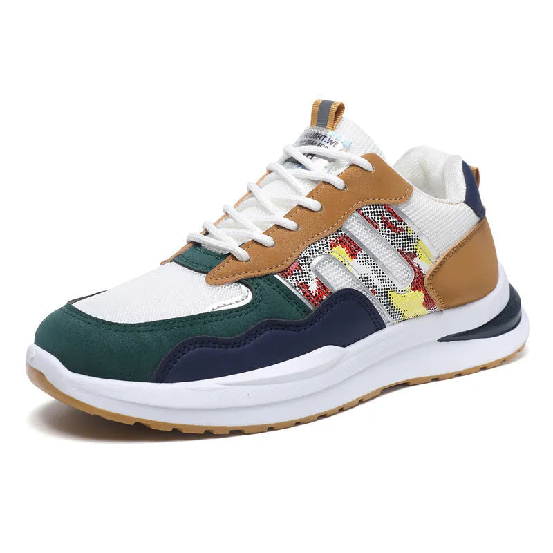 Men's mesh and leather sports casual shoes in white green, available in plus sizes up to 45.