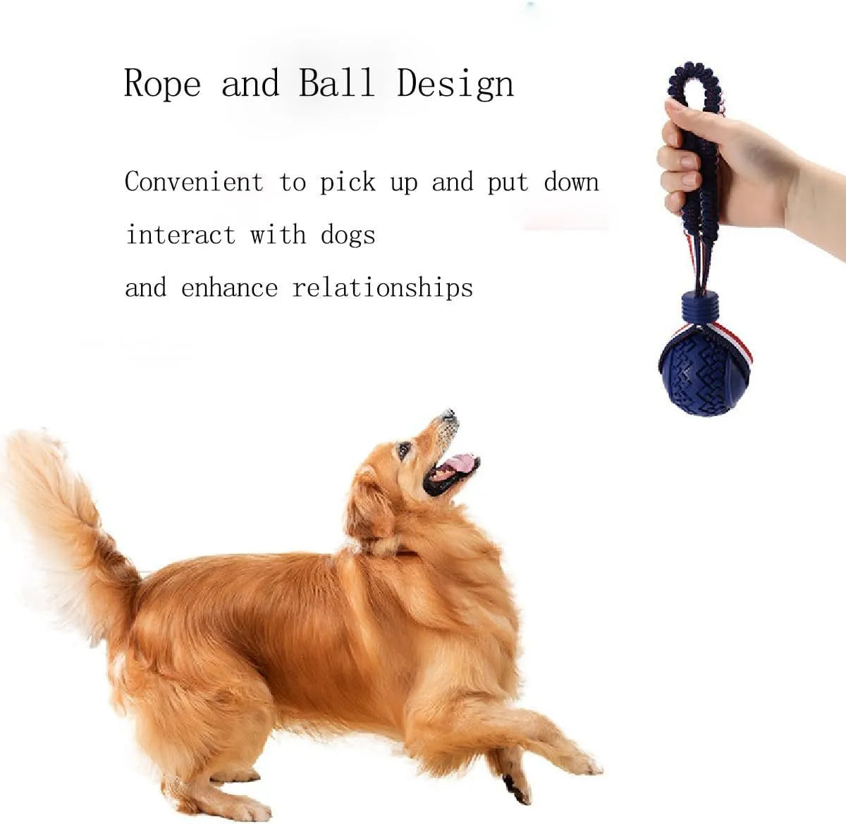Blue dog ball with rope toy showing textured rubber ball and rope handle