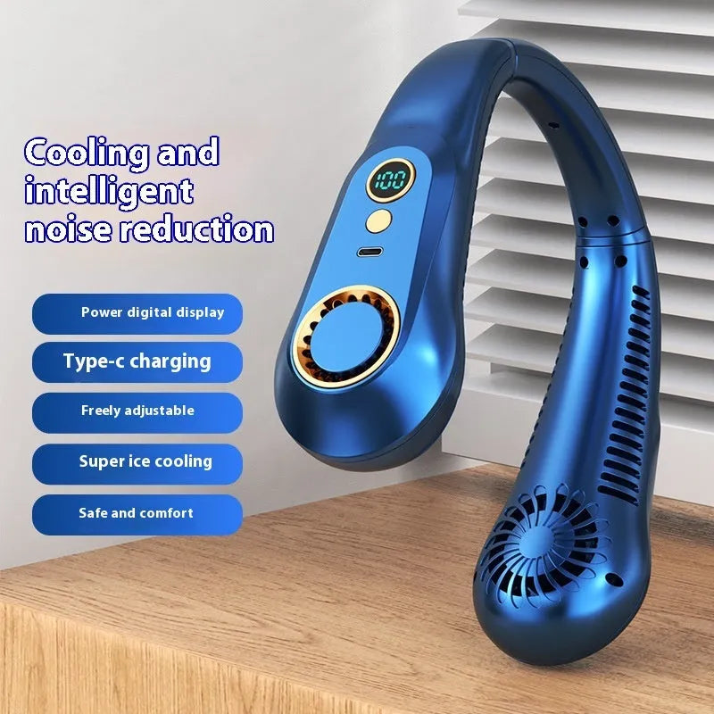 White portable bladeless bracket fan with digital display showing battery status, Type-C charging port, and dual 3000mAh battery.