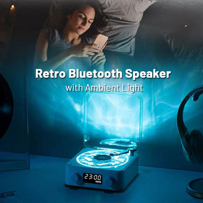 Retro Bluetooth Turntable Speaker with vibrant RGB lamp effect