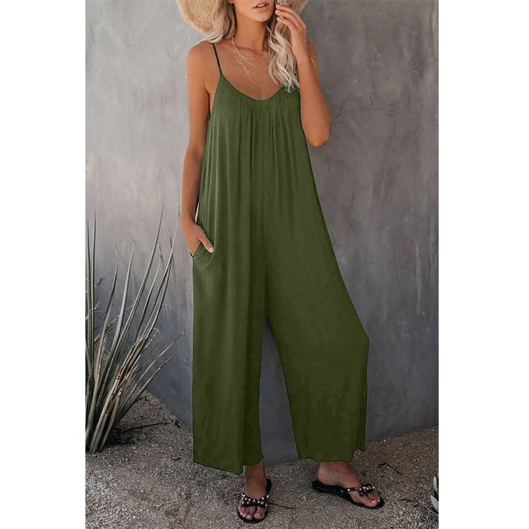 Women's sleeveless cotton blend jumpsuit with pockets, available in multiple colours