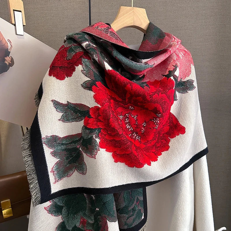 Retro floral artificial cashmere scarf in beige red, dimensions 60x180cm