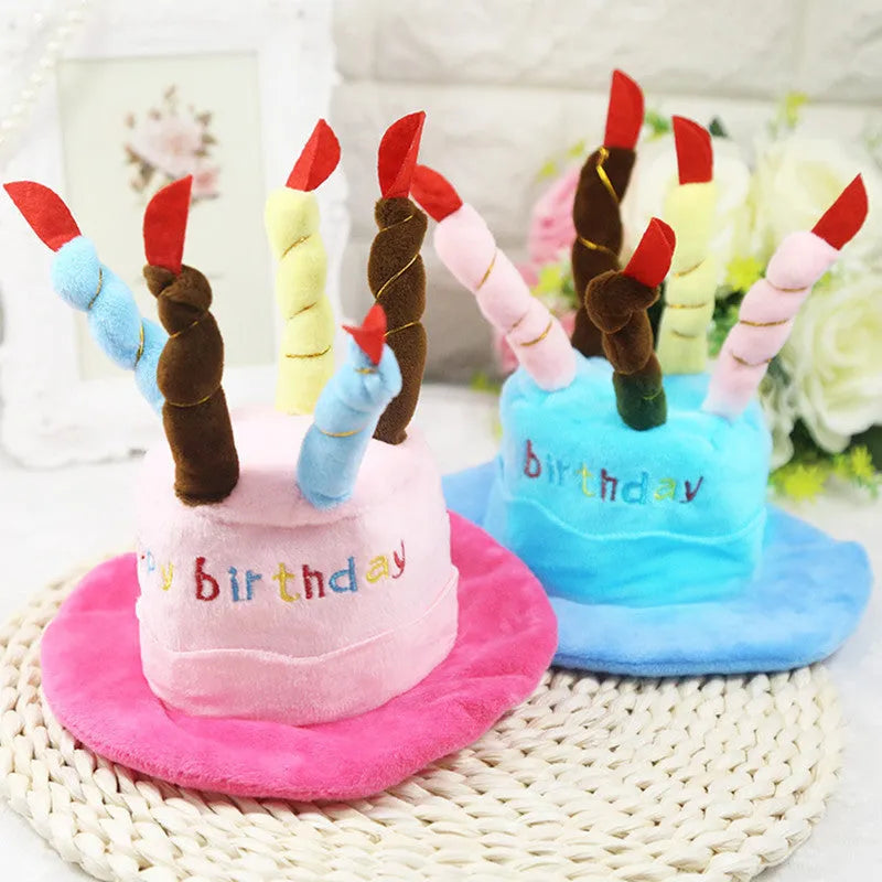 Blue or pink soft fabric birthday hat for toy dogs measuring 21cm wide