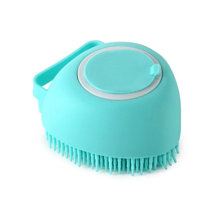 Premium silicone pet grooming brush with soft bristles, shampoo reservoir, and ergonomic handle for gentle, effective pet bathing and massage