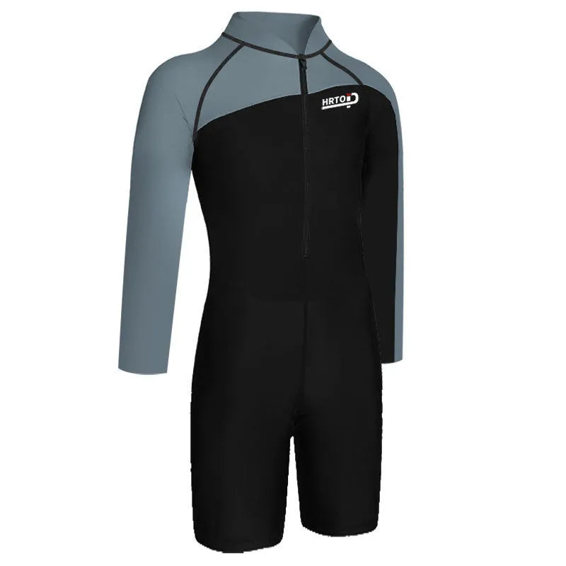 Men's professional diving one-piece swimsuit in black and gray shark skin style