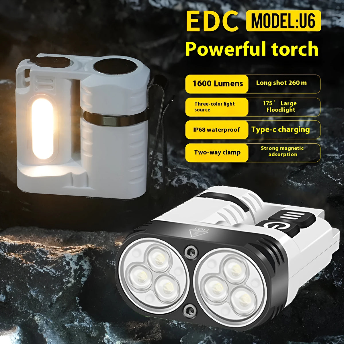 U6 flashlight 1600 lumen outdoor camping lantern with aluminium alloy body, magnetic base, and IP68 waterproof rating