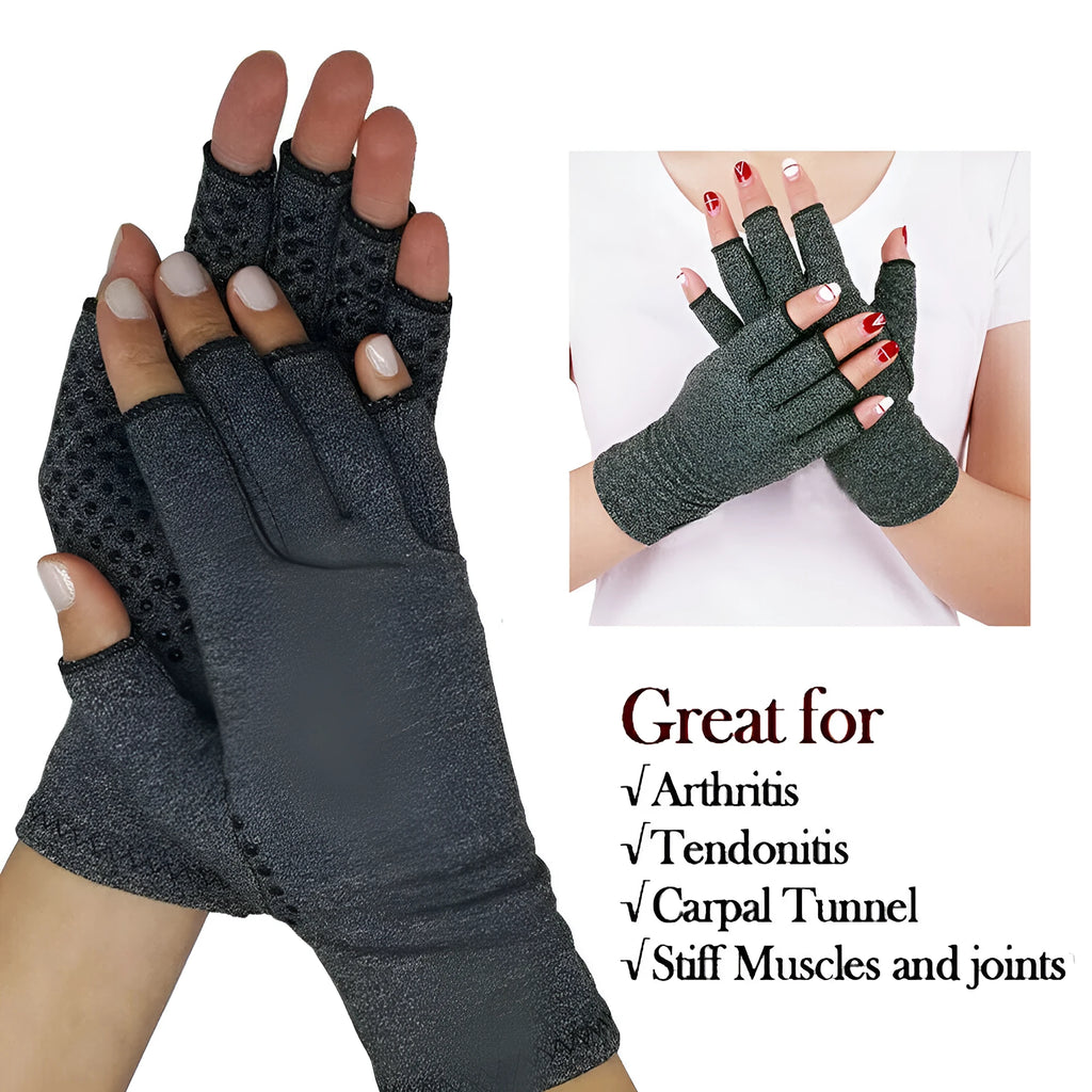 Grey half finger compression gloves with anti-slip palm for arthritis and joint pain relief.