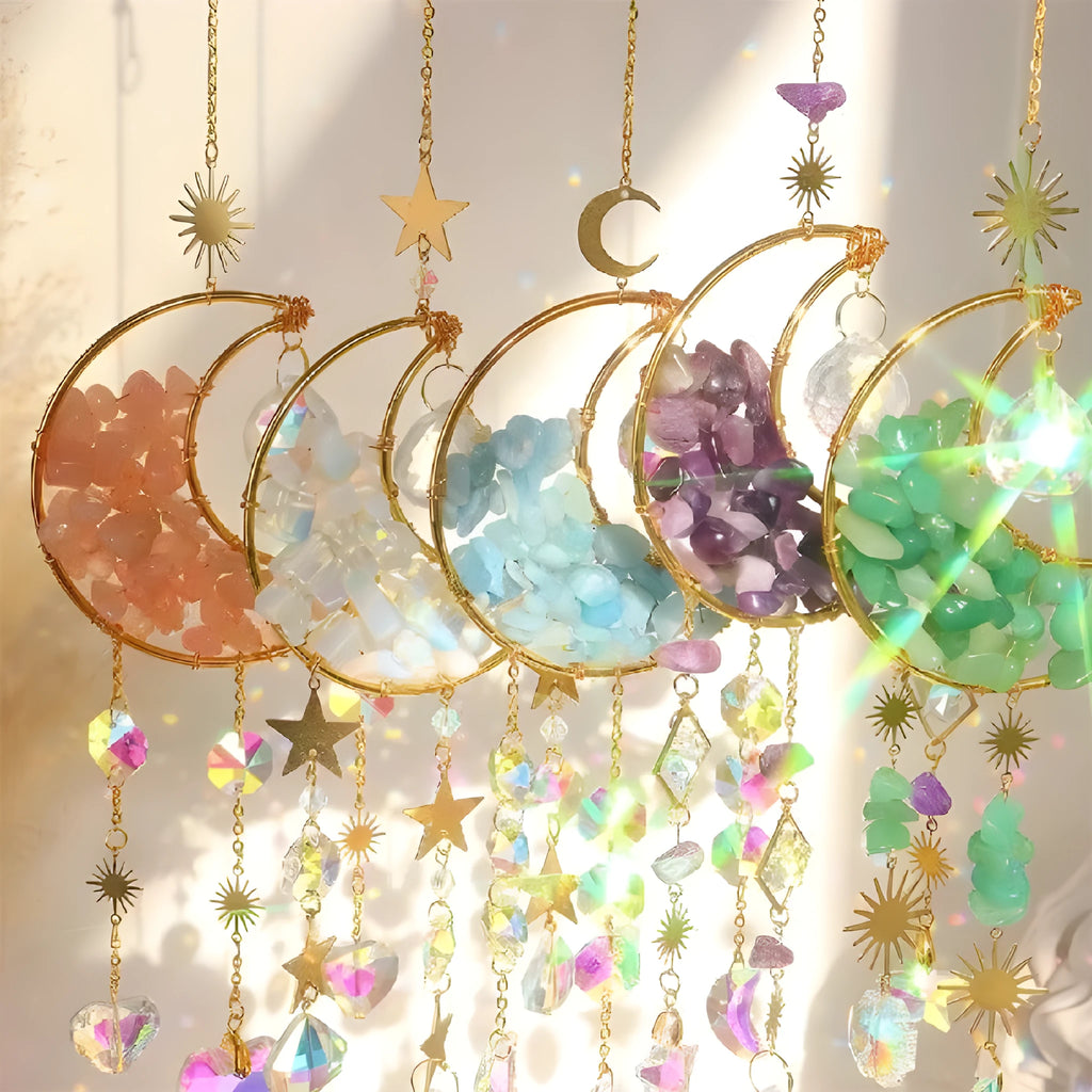Metal and K9 crystal moon pendant for car rearview mirror in blue.