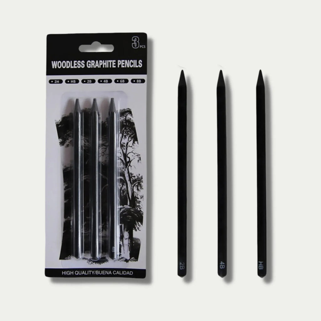 Set of six wood-free graphite art pencils with different grade markings: HB, 2B, 4B, 6B, 8B, and EE.