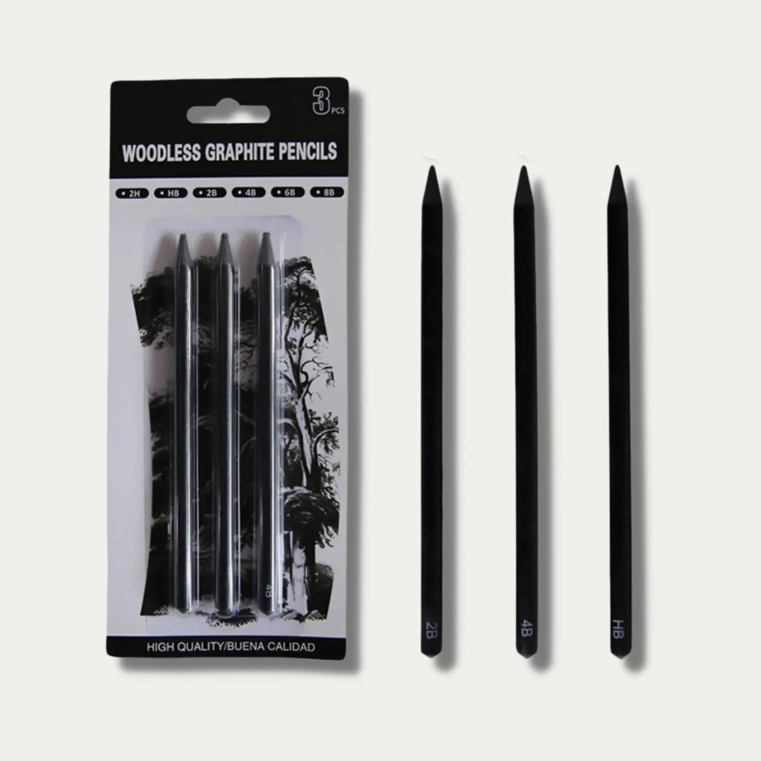 Set of six wood-free graphite art pencils with different grade markings: HB, 2B, 4B, 6B, 8B, and EE.