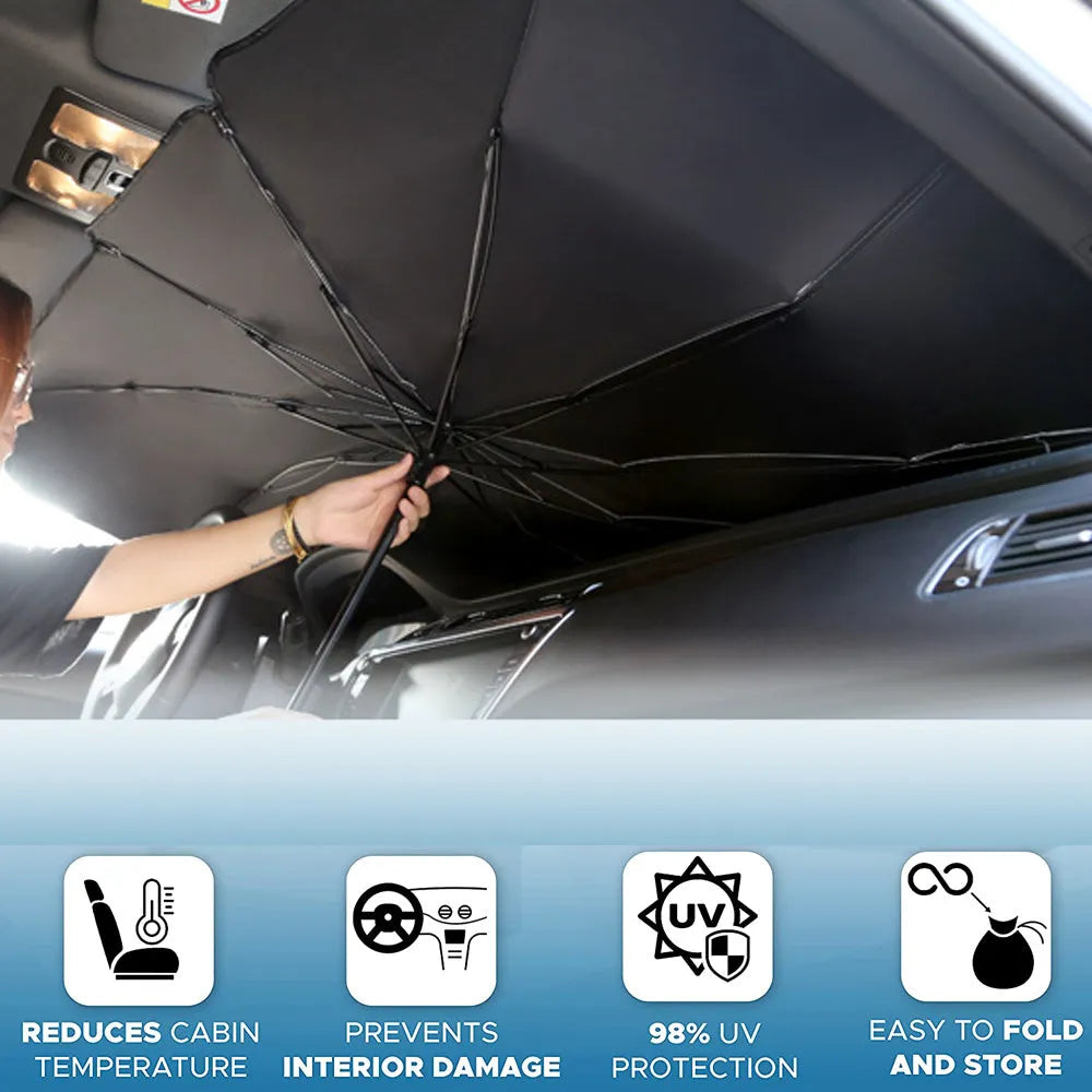 Foldable car sun shade umbrella made from silver tape with UV protection and heat insulation, placed on a car windshield