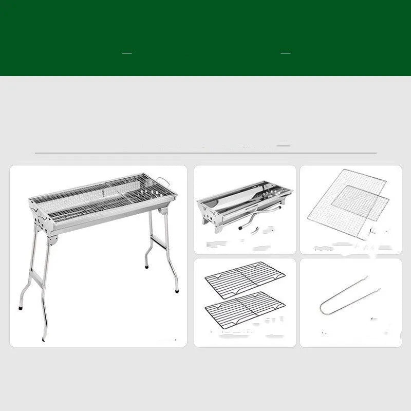 A stainless steel portable folding barbecue oven with dimensions 73cm long, 33.5cm wide, and 70cm high.