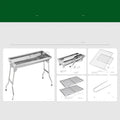 A stainless steel portable folding barbecue oven with dimensions 73cm long, 33.5cm wide, and 70cm high.