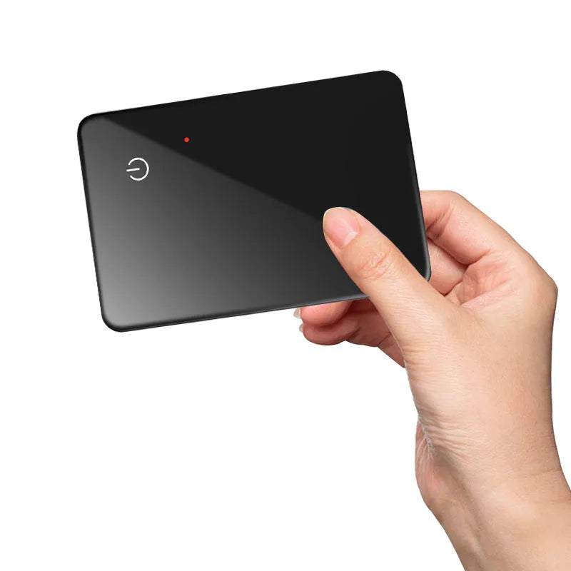 Black wireless charging pet tracker card measuring 85mm by 54mm with NFC feature and hanging hole