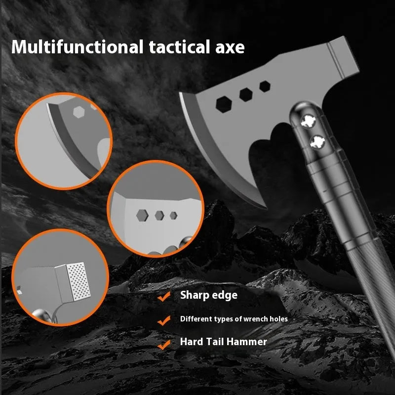Black multifunctional military shovel set with axe, knife, and accessories, showing 80cm length and storage suitcase.