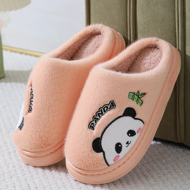 Cozy panda-themed slippers with thick, plush soles and a variety of vibrant color options