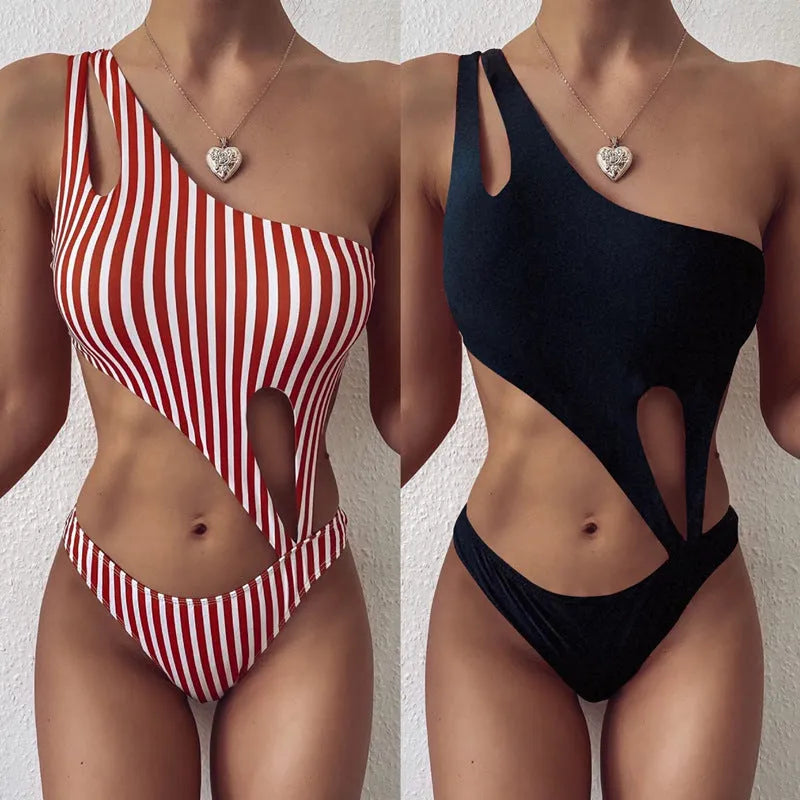 Women's one-piece nylon swimsuit in black with stripe option European American style
