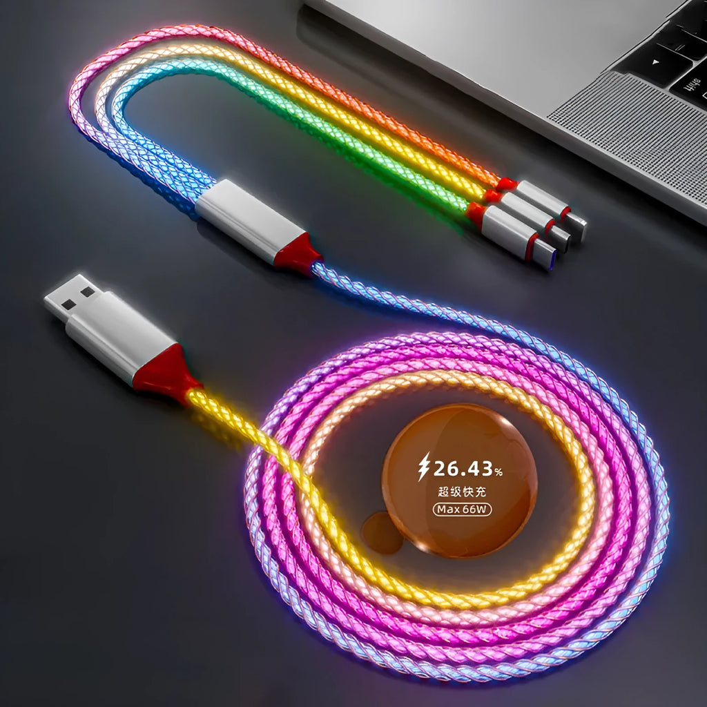 Phantom gradient coloured USB charging cable with Lightning, Micro USB and USB-C connectors on 1.2 metre cable