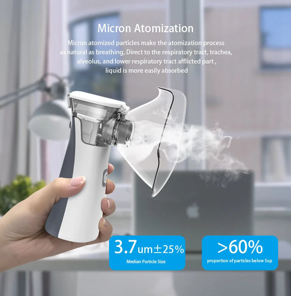 White handheld microporous medical nebuliser with mouthpiece, compact size 50x48x130mm