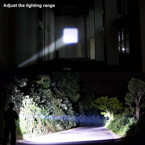 Black aluminium alloy mini telescopic LED flashlight with pocket clip, shown extended and retracted.
