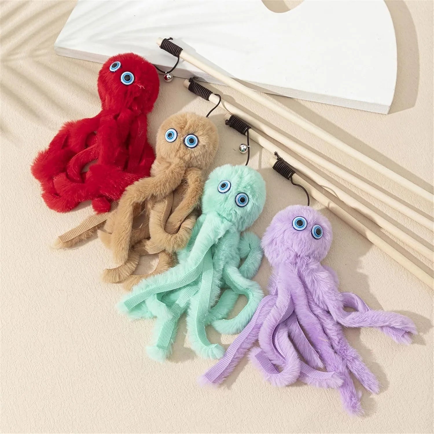 Furry octopus cat toy with eyes on a 40cm flexible stick in grey, pink, purple or red colours