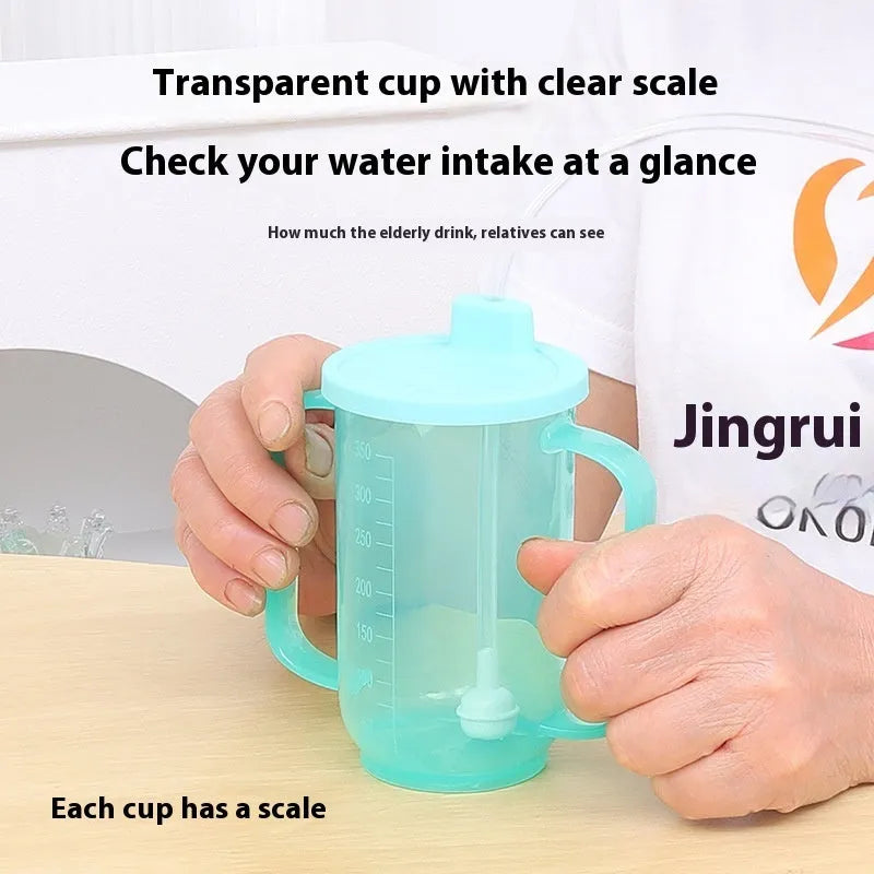 A white PP plastic choke proof drinking cup with a handle, lid, and oblique mouth spout for bedside use.