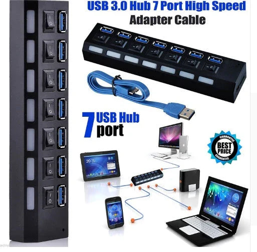 7PORT USB3.0 External Hub with Power Adapter in white and black options