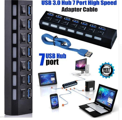 7PORT USB3.0 External Hub with Power Adapter in white and black options