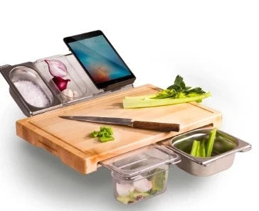 Versatile bamboo cutting board with integrated storage trays for organized meal prep