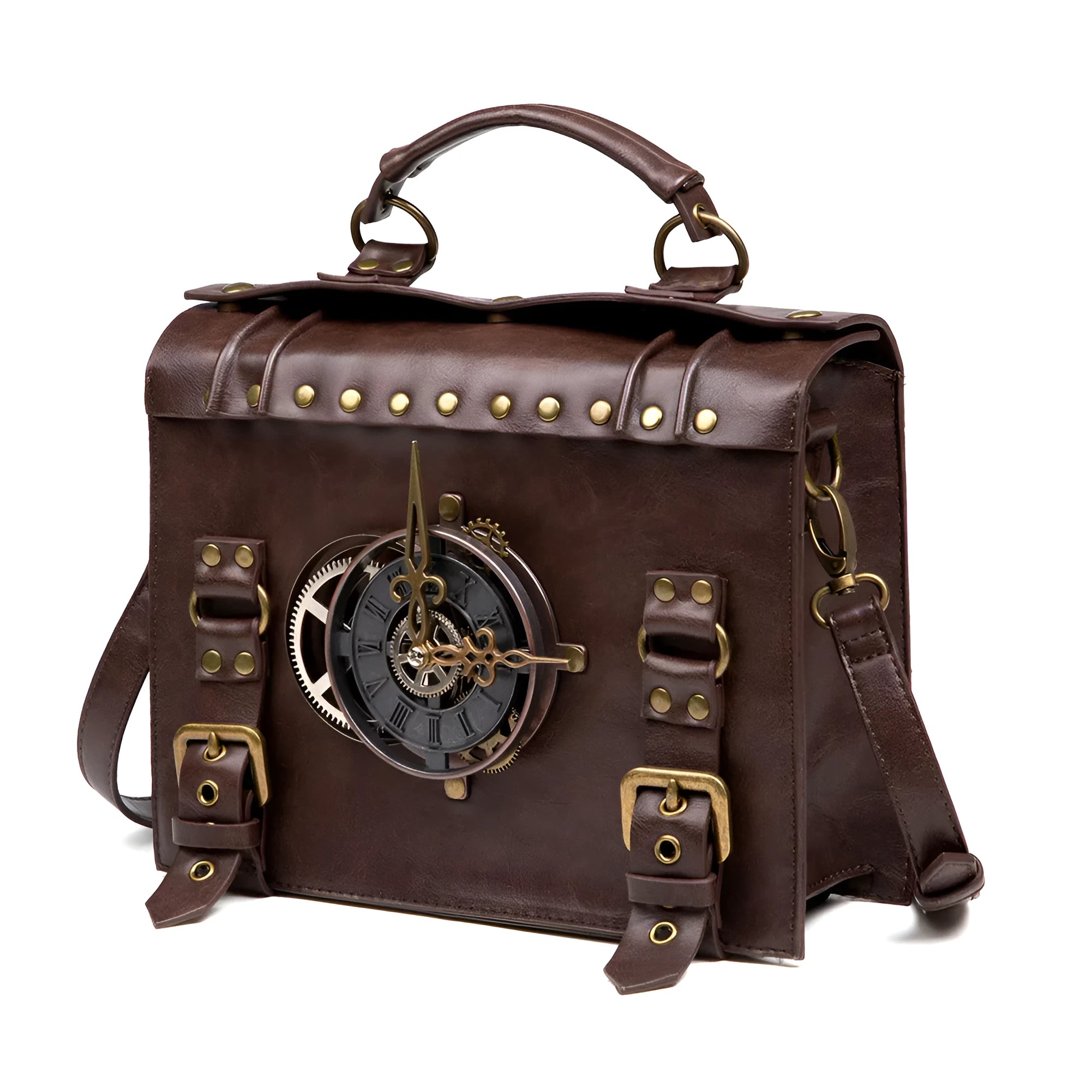 Bronze steampunk style square shoulder bag made of PU leather with metal hardware.