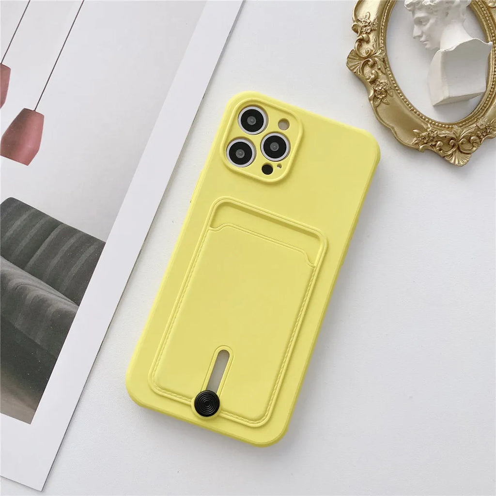 Card holder silicone fine hole phone case for iPhone showing card slot and lanyard loop in black