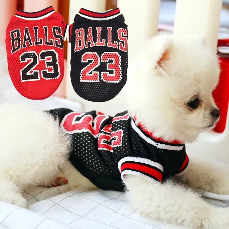 Casual black and red polyester dog sweatshirt vests shown in sizes from small to extra-extra large.