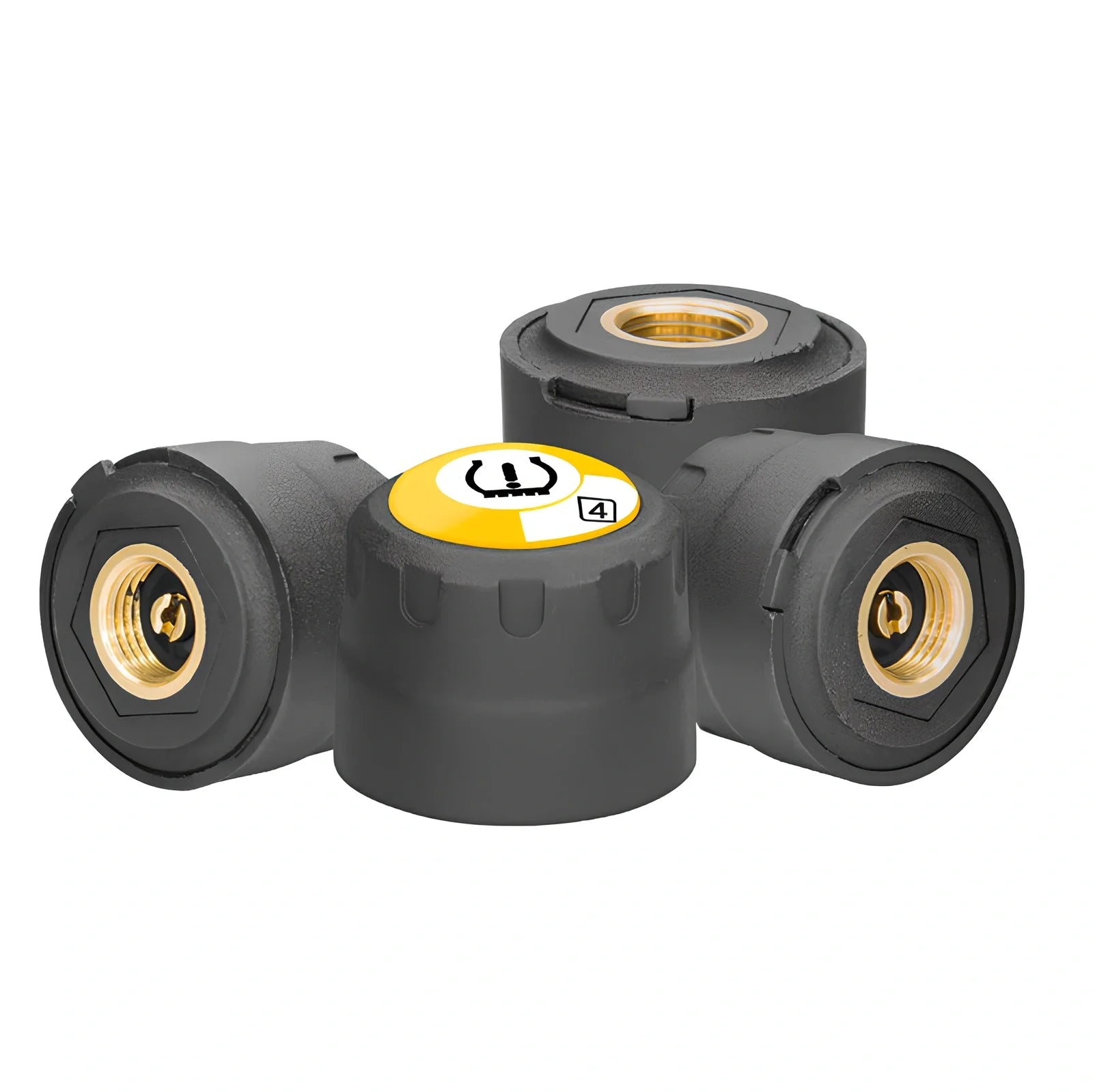 Bluetooth external tyre pressure monitor JVC11-B attached to car valve, showing smartphone app alert for 2.3 bar reading