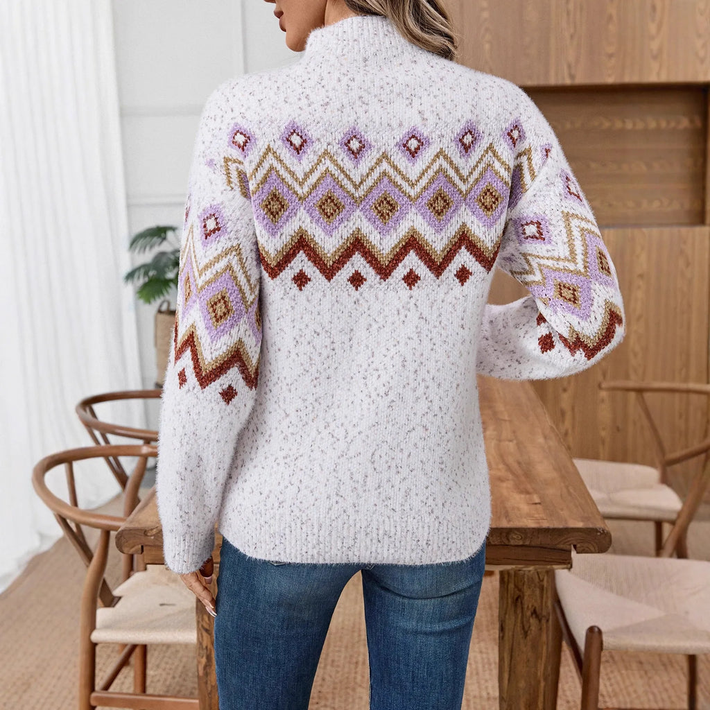 White geometric jacquard half turtleneck sweater with loose fit and long sleeves