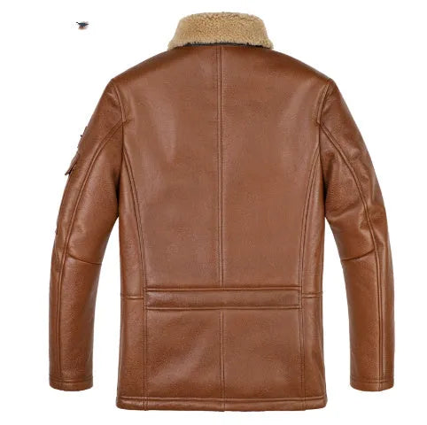 Champagne sheepskin trench coat with lapel collar and multiple pockets, slim fit midi length