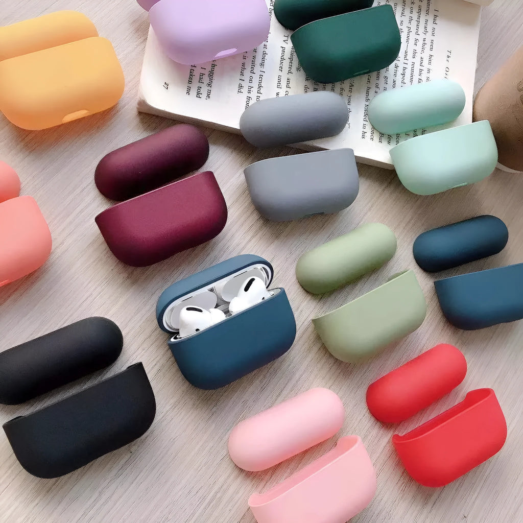 Plastic AirPods Pro protective case shown in available colours including black, red and mint green