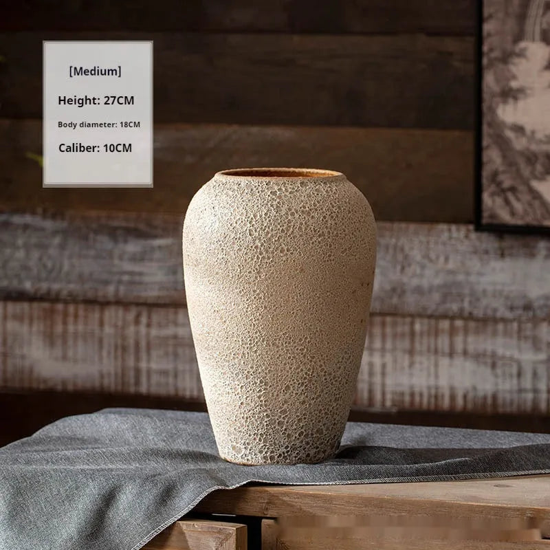 Handmade stoneware glazed vase in pastoral Chinese style, available in small, medium, and large sizes, with glass surface technology finish
