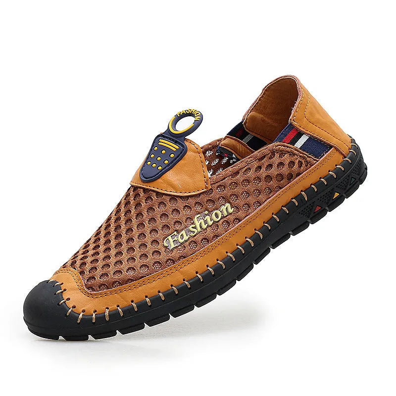 Men's brown breathable mesh casual shoes with a round toe and non-slip rubber sole.