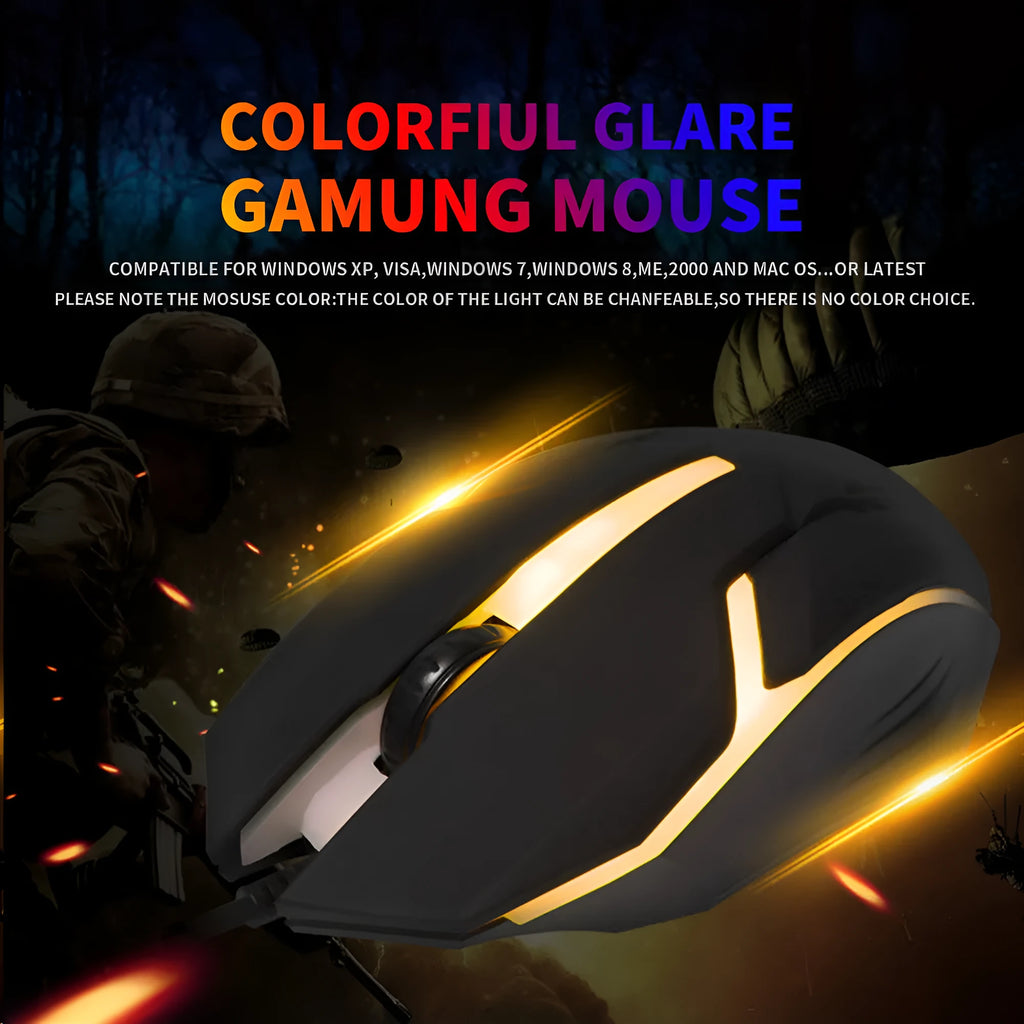 Wired USB mouse with colourful breathing light and 1.2-metre cable on a desk