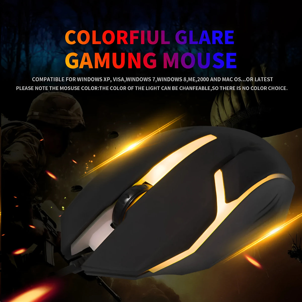 Wired USB mouse with colourful breathing light and 1.2-metre cable on a desk